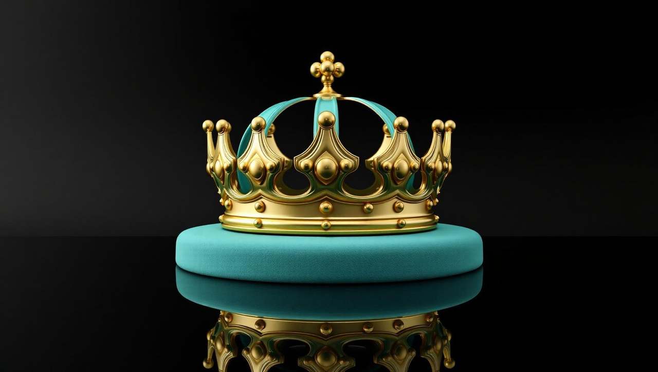 Regal glossy mint-teal lacquered and brass crown resting on a teal velvet-like pedestal — the gold-standard, the royal way.