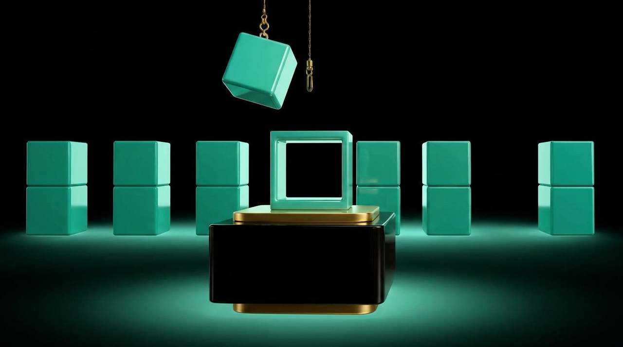 Brass crane arm lifting one mint-teal lacquered cube toward an empty slot in a precise grid of identical mint-teal cubes on a brass plinth — restructuring variants.