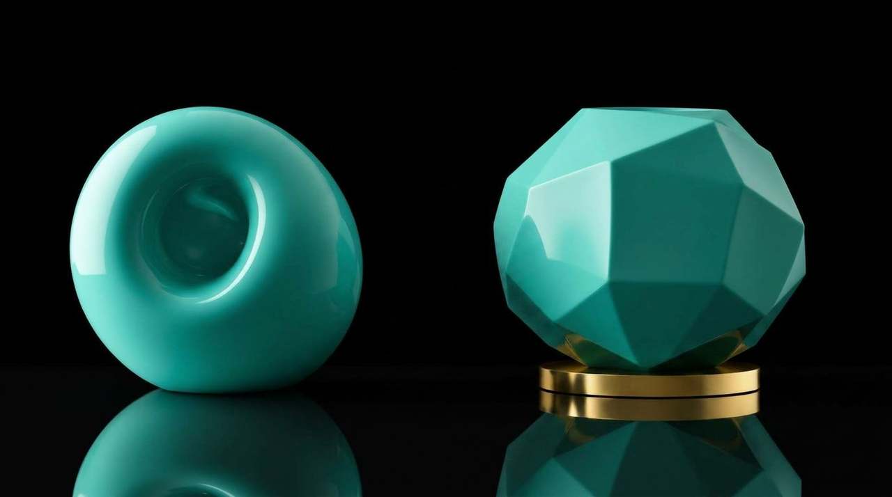 Two glossy mint-teal lacquered forms side by side on a brass plinth — one with soft rounded edges, one with hard faceted edges — soft vs hard variations.
