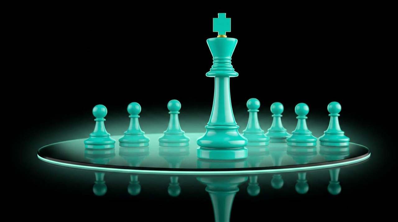 Glossy mint-teal lacquered chess king with three identical pawns aligned behind on a brass plinth — orchestrating variants from the Vendor seat.