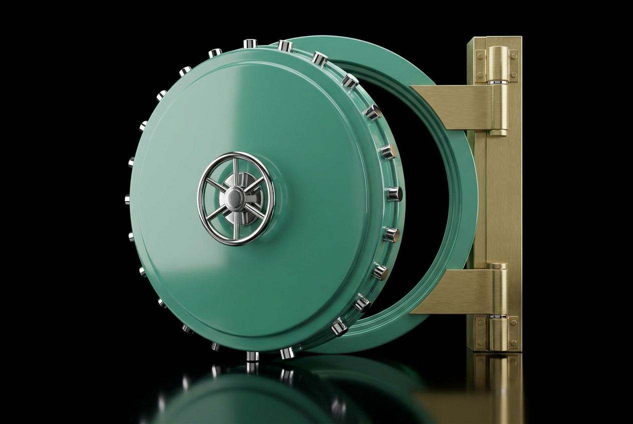Glossy emerald-green lacquered massive vault door slightly ajar on a brushed brass pedestal.