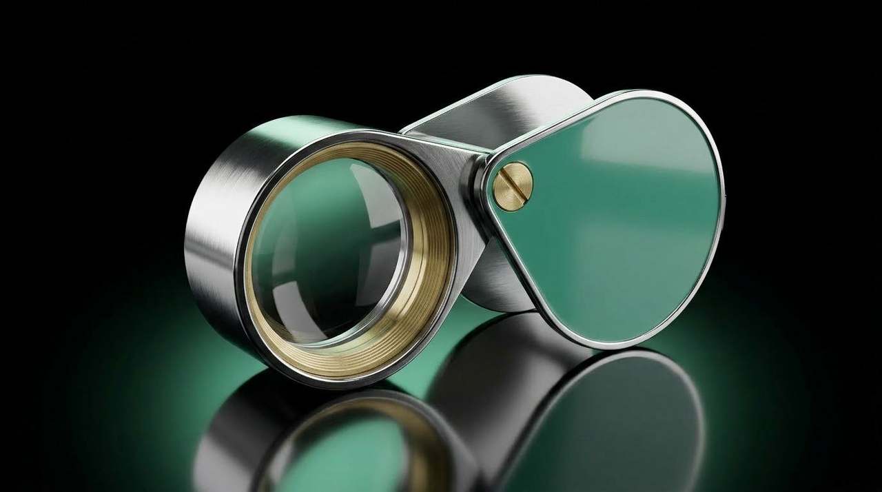 Glossy emerald-green lacquered magnifier lens orbiting a faceted sphere on a brushed brass pedestal.