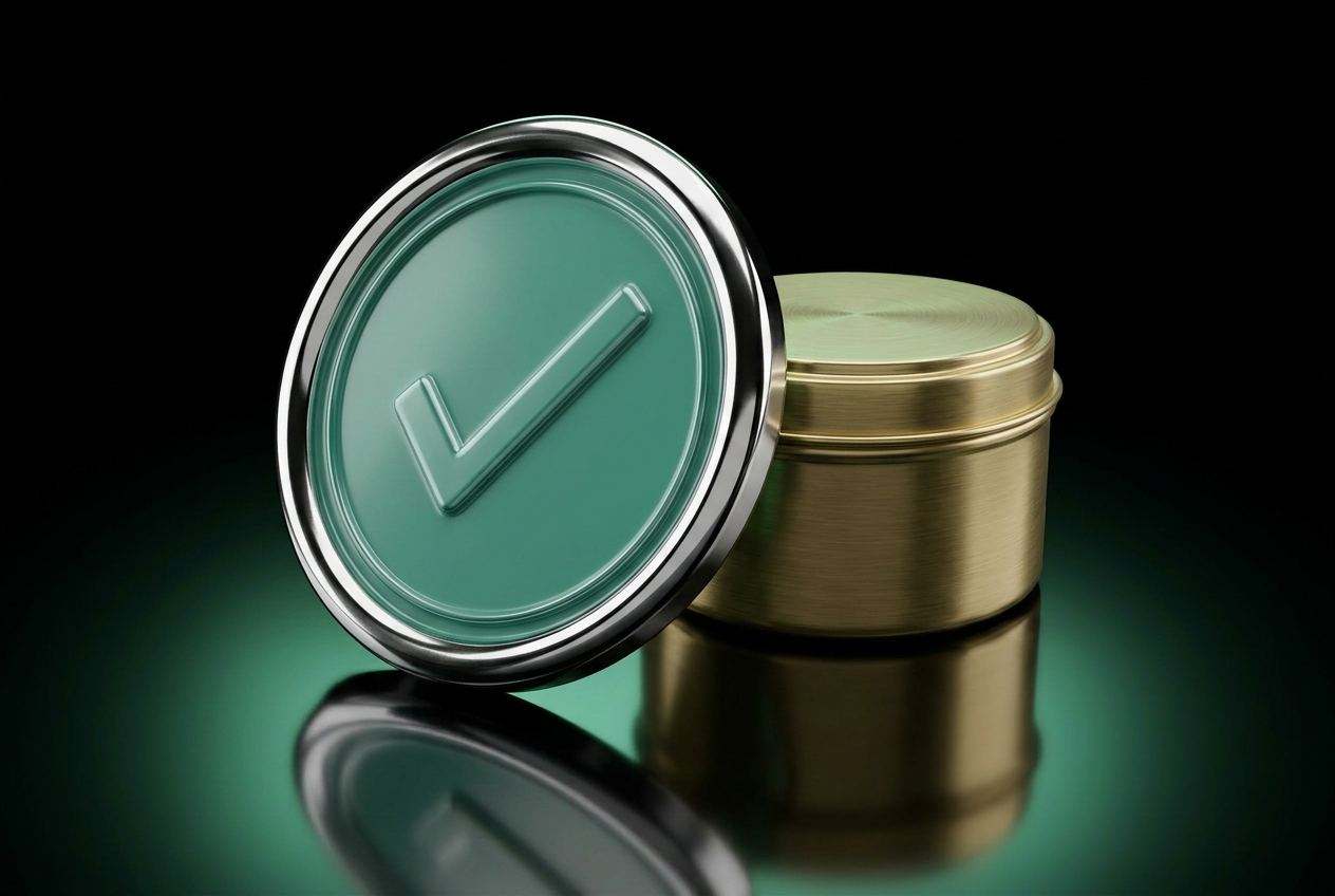 Glossy emerald-green lacquered circular seal embossed with a check mark on a brushed brass pedestal.