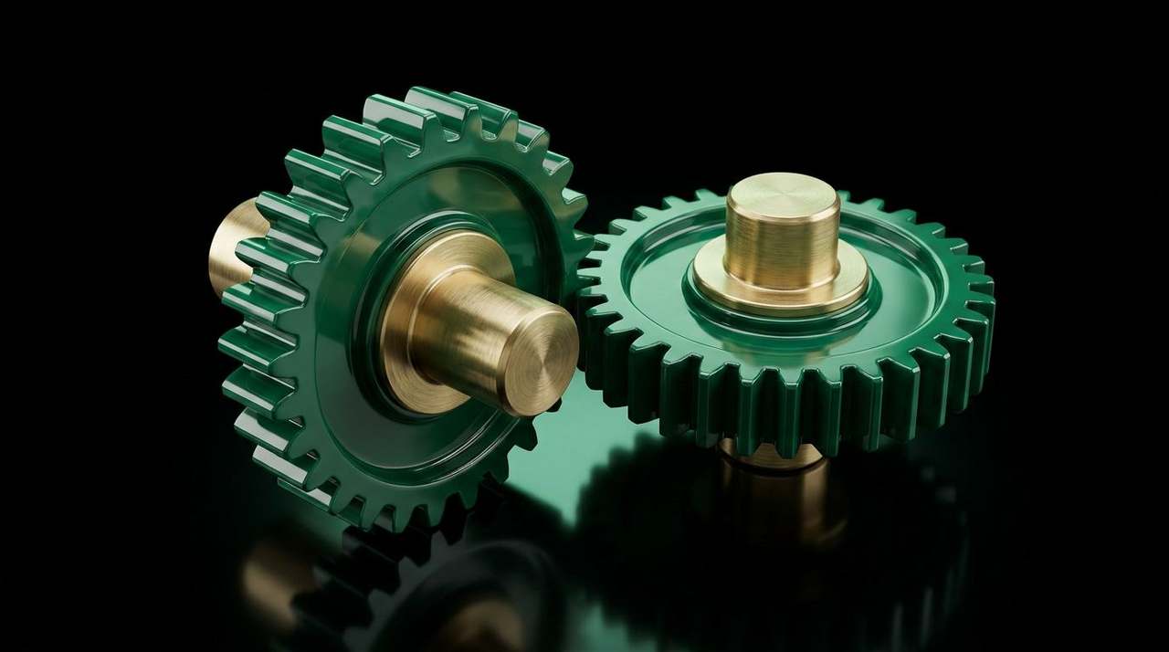 Two interlocking glossy emerald-green lacquered gears mid-rotation on a brushed brass pedestal.