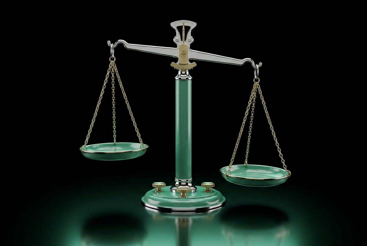 Glossy emerald-green lacquered asymmetrically tilted balance scale on a brushed brass pedestal.