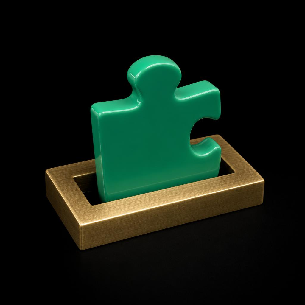 Glänzendes smaragdgrünes Lackpuzzleteil, das in einen gebürsteten Messing-Browserrahmen einrastet.