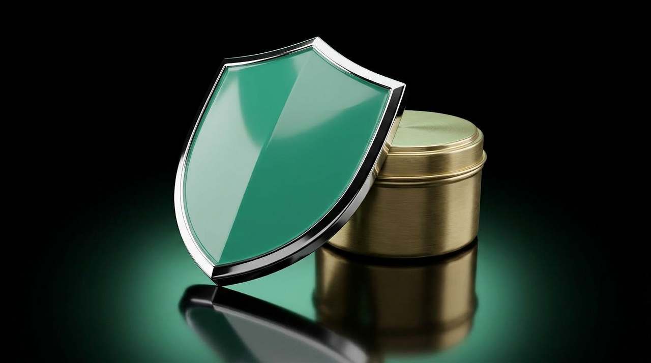Glossy emerald-green lacquered faceted heater-shield crest hovering above a brushed brass pedestal.