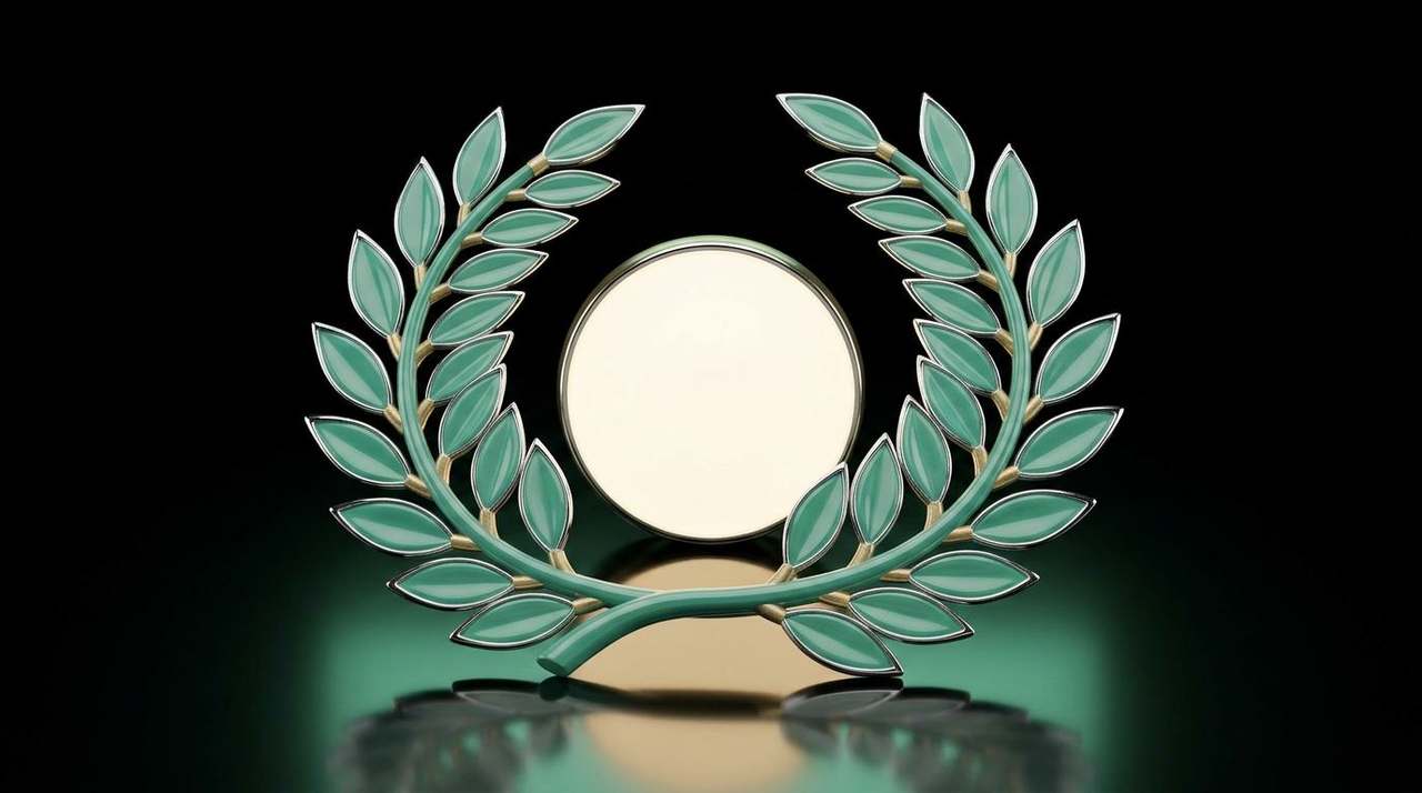 Glossy emerald-green lacquered half-laurel wreath arcing around a glowing orb on a brushed brass pedestal.