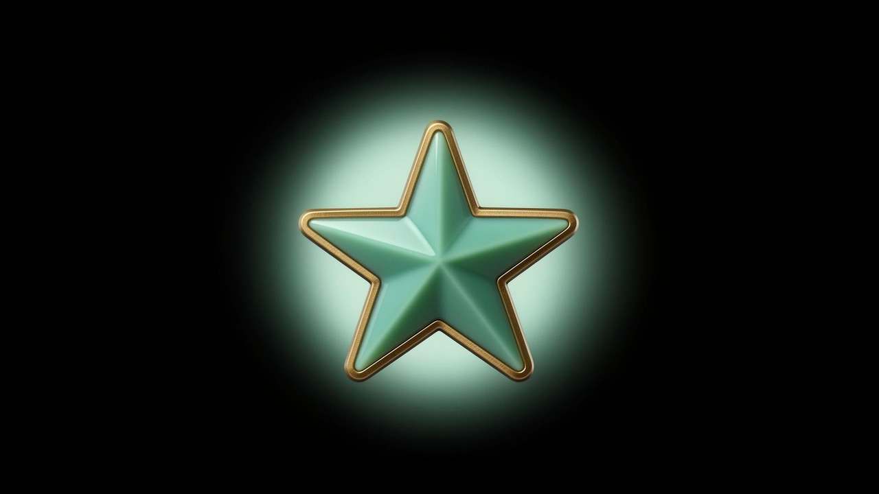 Mint-teal lacquered five-pointed star with brushed-brass center disc and soft halo glow on black — Module 8 Episode 02.