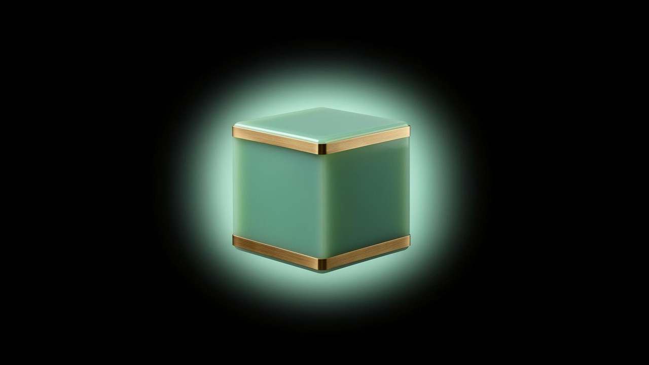 Sculptural mint-teal lacquered cornerstone cube with a brushed-brass inlay band on black, soft mint glow halo — Module 8 Episode 04.