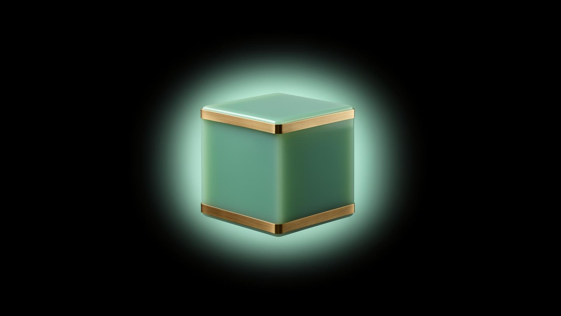 Skulpturaler mintfarbener Lackeckstein-Würfel mit einem gebürsteten Messingeinsatzband auf Schwarz, sanfter mintfarbener Lichtschimmer — Modul 8 Episode 04.