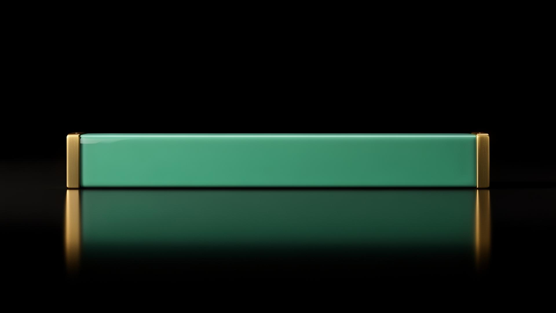 Skulpturaler mintfarbener Lackhorizontal-Titelbalken mit gebürsteten Messingendkappen auf einem glänzend schwarzen Spiegelboden — Modul 8 Episode 05.