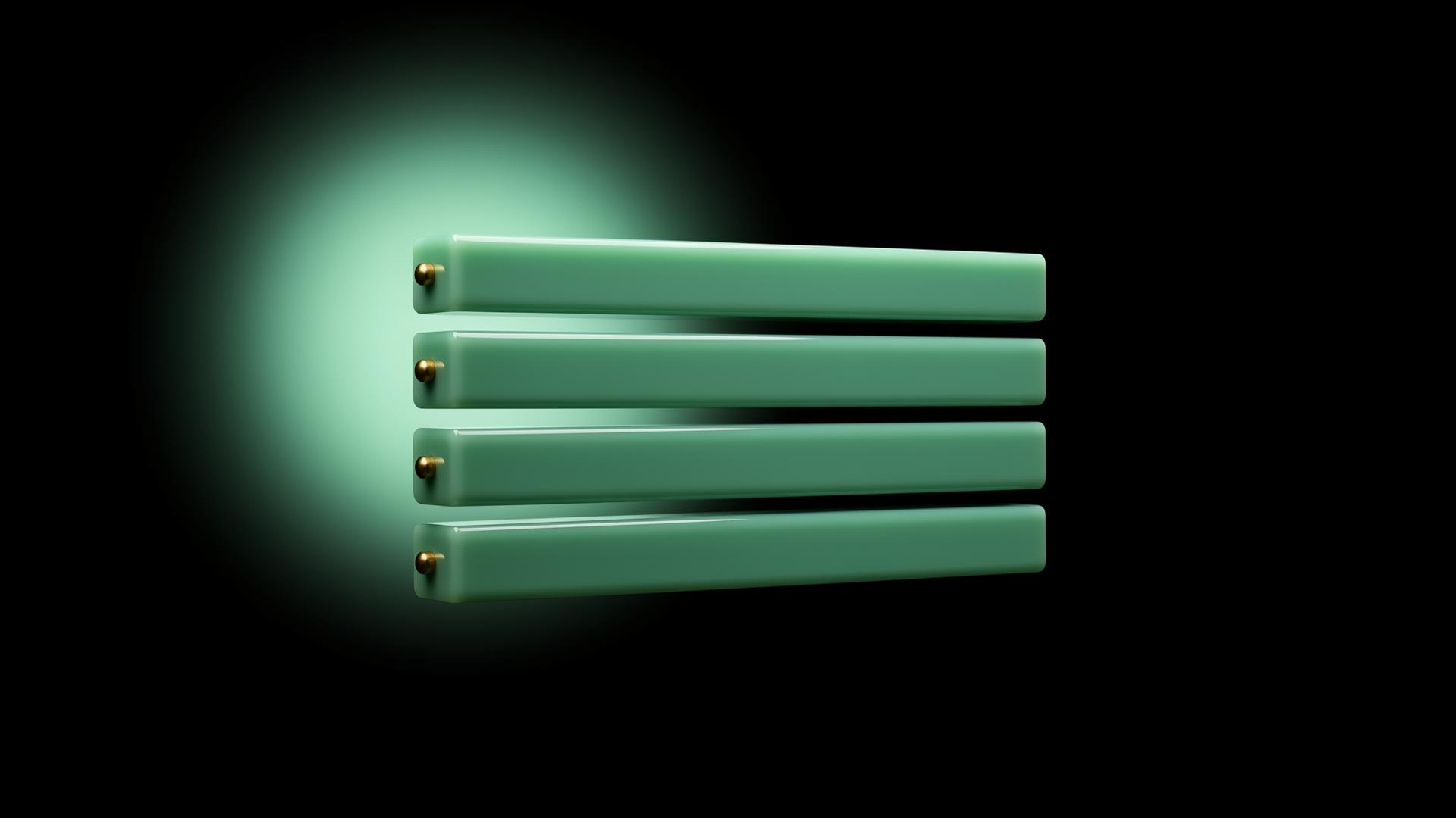 Stapel von vier mintfarbenen horizontalen Lackbullet-Balken mit gebürsteten Messingpunkt-Markierungen, beleuchtet durch ein gerichtetes mintfarbenes Licht von oben links — Modul 8 Episode 06.