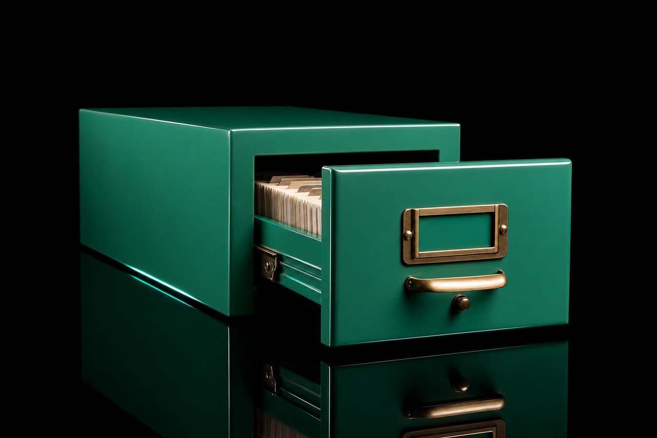 Real mint-teal lacquered vintage library card-catalog drawer pulled half-open with brushed-brass pull handle and packed ivory index cards inside, on a glossy obsidian-black reflective floor with a clean mirror reflection — Module 8 Episode 08.
