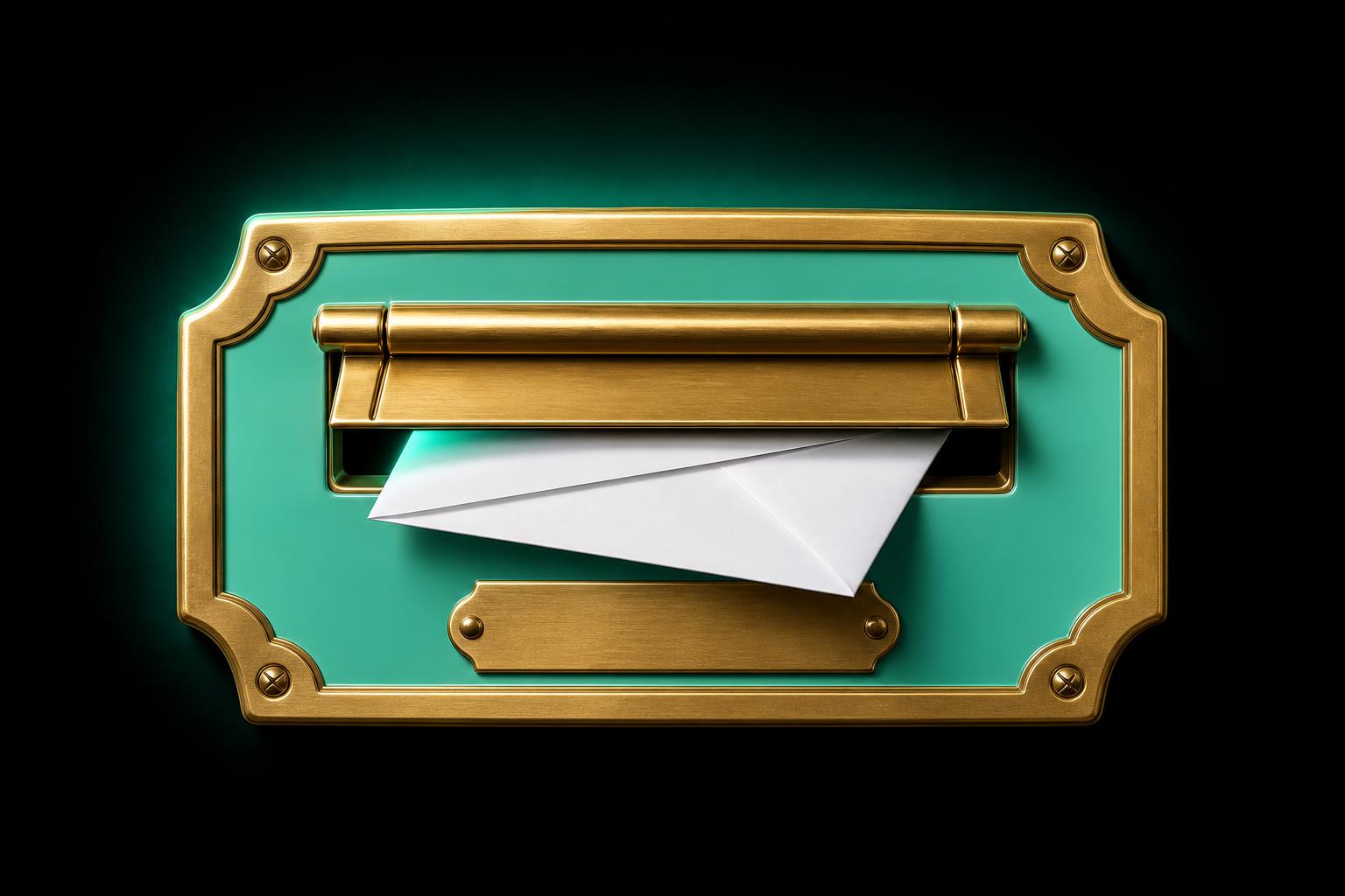 Echter mintfarbener Lack-Vintage-Messing-und-Email-Wand-Briefschlitz mit gebürstetem Messingrahmen, ein einzelner weißer Umschlag halb eingesteckt — Modul 8 Episode 09.
