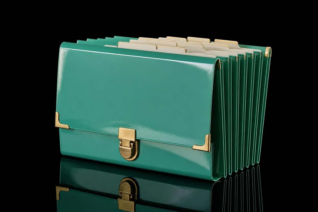 Real mint-teal lacquered expanding accordion file folder with brushed-brass clasp and brushed-brass corner reinforcements, ivory paper divider tabs peeking from the top, on a glossy obsidian-black floor with a clean mirror reflection — Module 8 Episode 10.