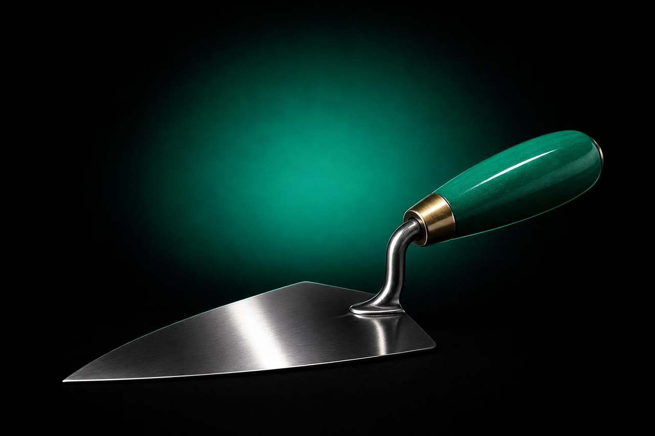 Real brick-mason's pointing trowel with mirror-polished steel blade, brushed-brass ferrule and a glossy saturated mint-teal lacquered handle on pure black with a soft mint-teal halo glow behind it — Module 8 Episode 11.
