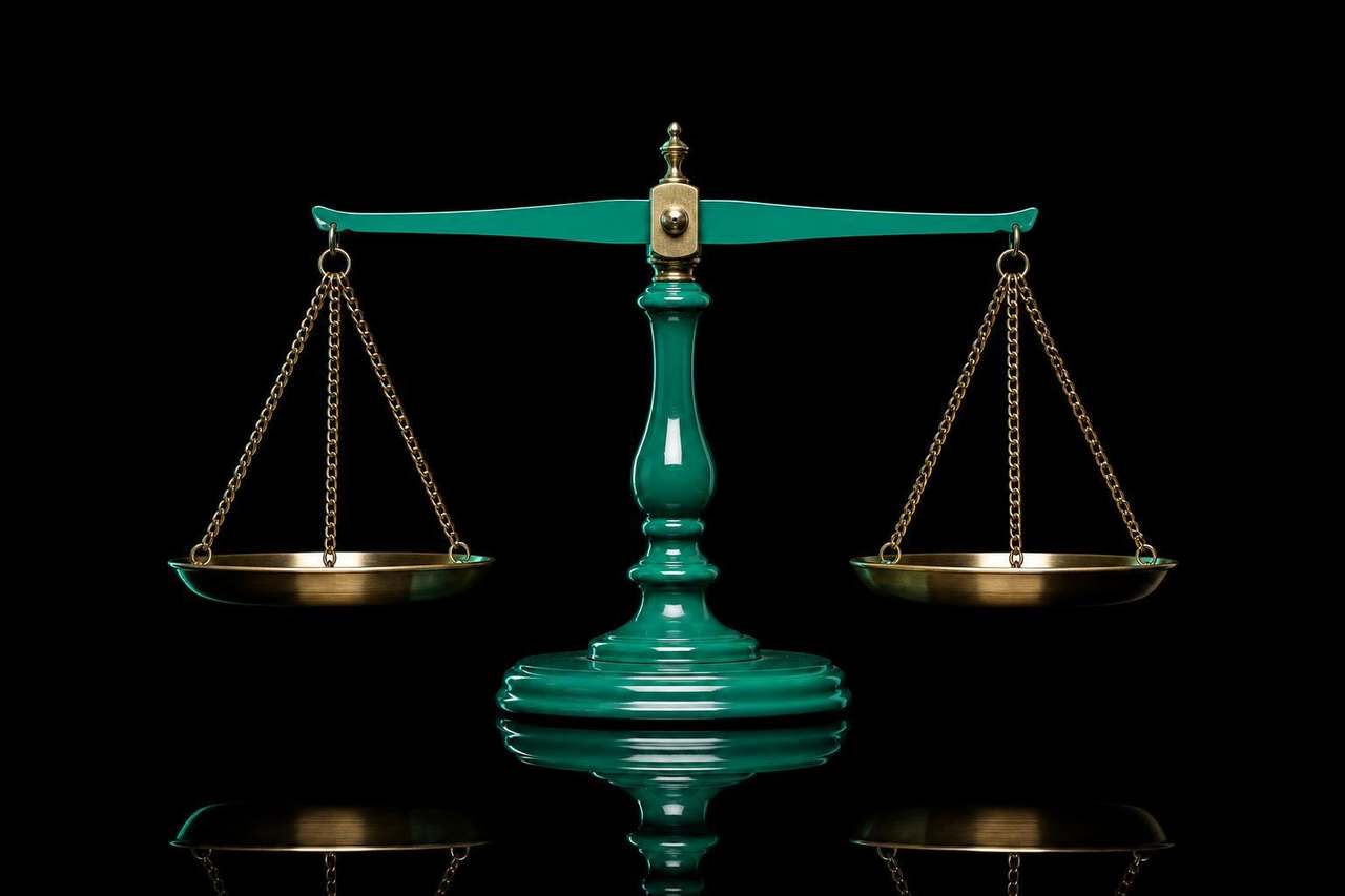 Real vintage merchant's two-pan balance scale with a glossy saturated mint-teal lacquered column, base and beam and brushed-brass hanging pans on chains, on a glossy obsidian-black floor with a clean mirror reflection — Module 8 Episode 12.