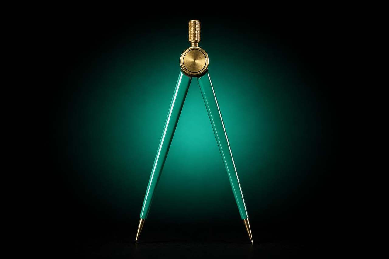 Real vintage architect's drafting compass with two glossy saturated mint-teal lacquered legs, brushed-brass pivot, knurled brass thumbwheel and brass needle tips on pure black with a soft mint-teal halo glow behind it — Module 8 Episode 13.