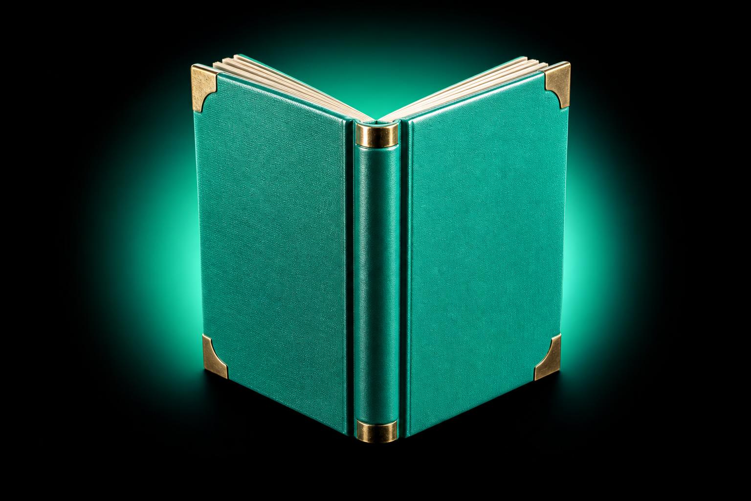 Echtes Vintage-Hardcover-Märchenbuch, leicht aufgeschlagen stehend wie ein Zelt, mit glänzenden mintfarbenen Lackbuckeln und gebürsteten Messingeckbeschlägen — Modul 8 Episode 15.