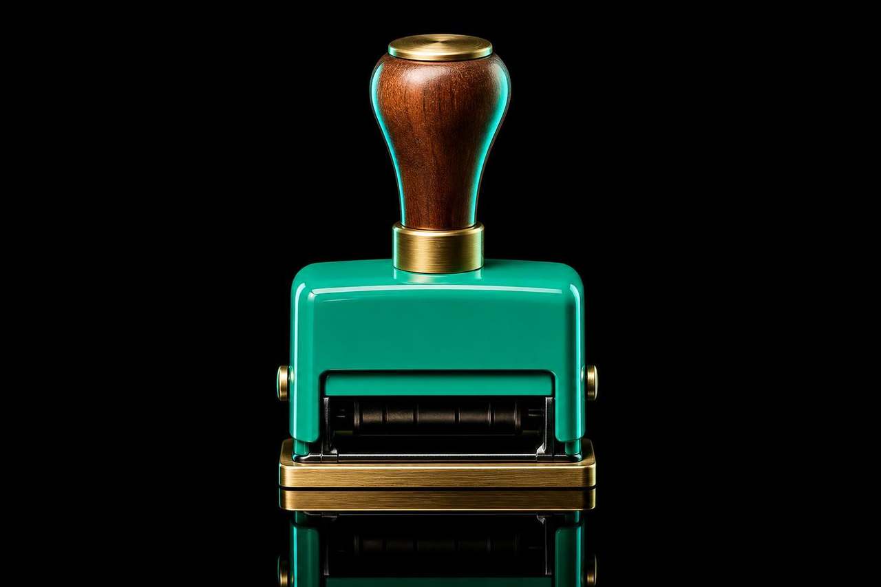 Real vintage office self-inking rubber stamp with a tall wooden handle, brushed-brass collar and brushed-brass rectangular base plate over a glossy saturated mint-teal lacquered body, on a glossy obsidian-black floor with a clean mirror reflection — Module 8 Episode 16.