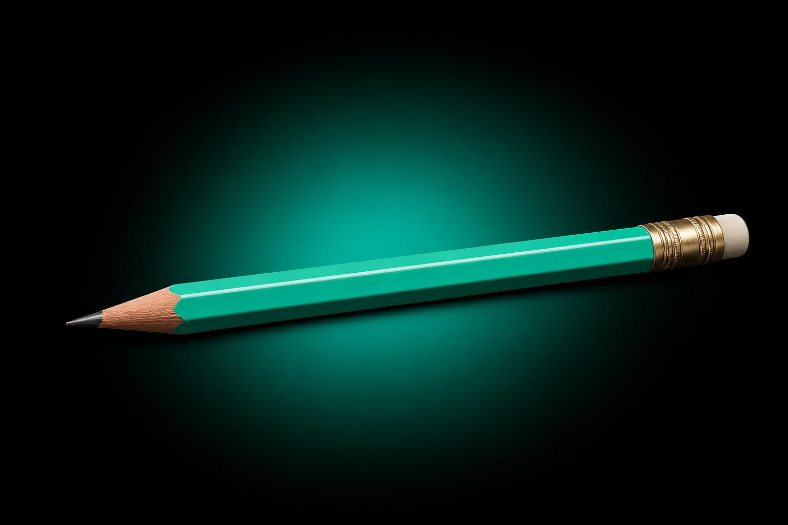 Echter Vintage-Sechseck-Redakteursbleistift mit glänzendem mintfarbenem Lacklauf, gebürsteter Messingferrule, elfenbeinfarbener Radiergummikappe und frisch gespitzter Spitze — Modul 8 Episode 17.