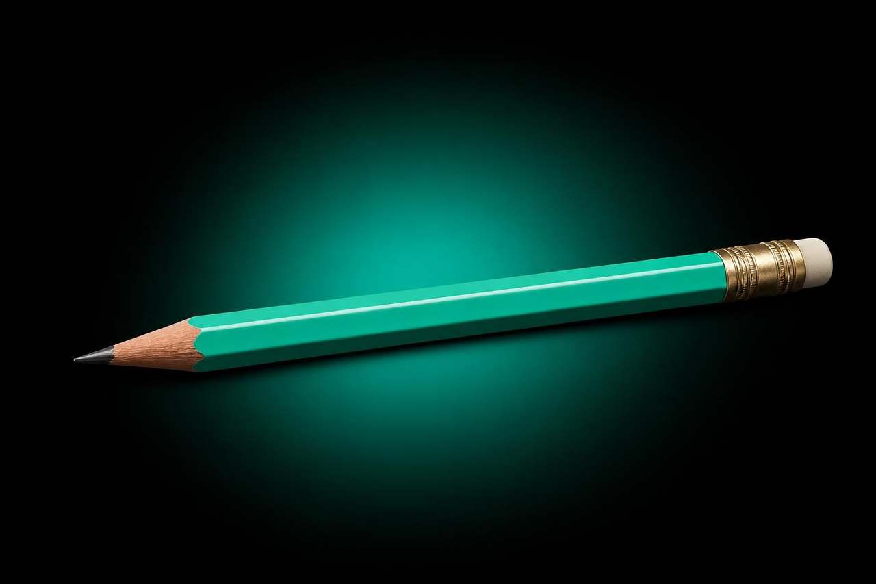Real vintage hexagonal editor's pencil with a glossy saturated mint-teal lacquered barrel, brushed-brass ferrule, ivory eraser cap and freshly sharpened cedar tip, lit by a soft mint-teal halo glow on pure black — Module 8 Episode 17.