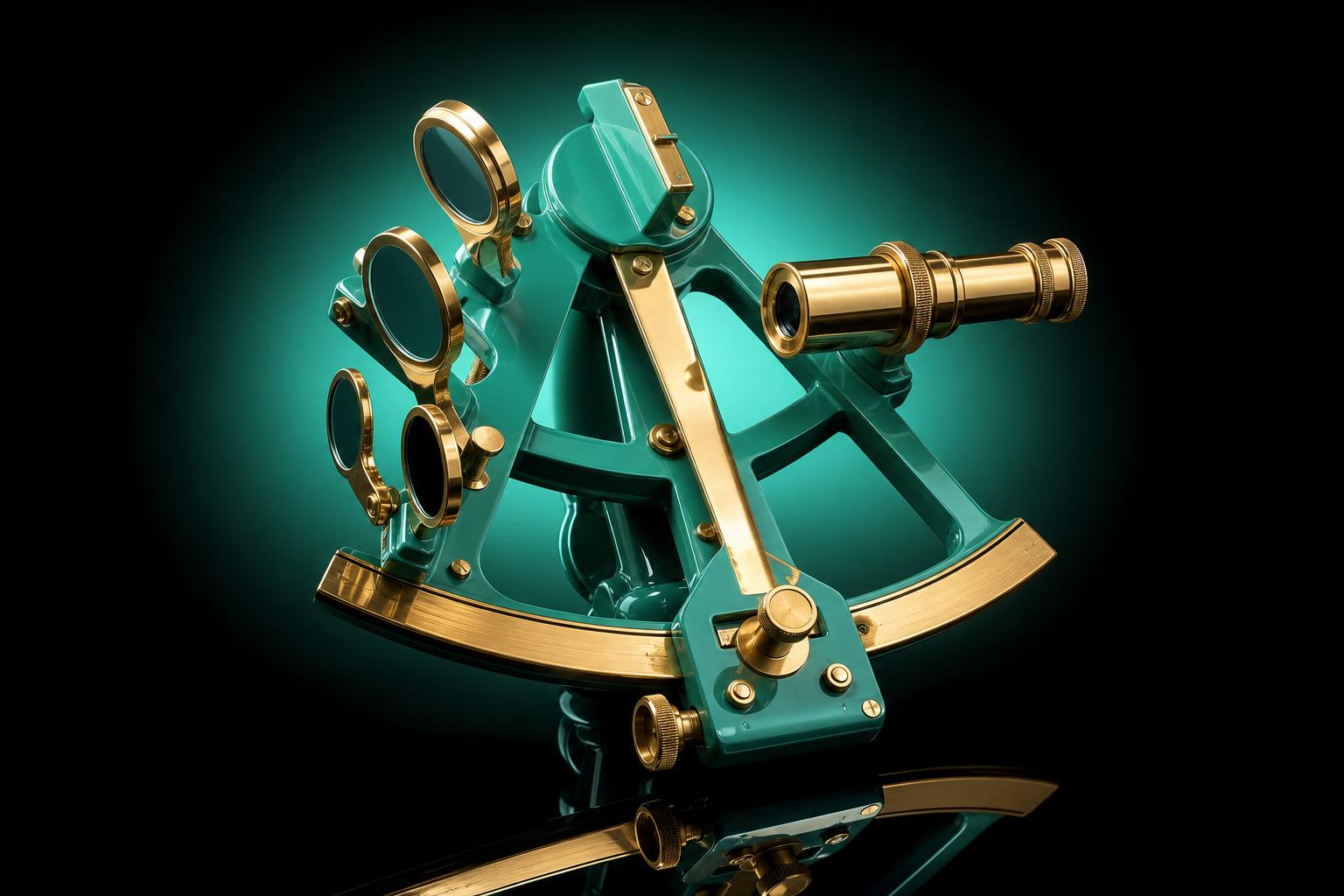 Echter Vintage-Marine-Sextant mit glänzendem mintfarbenem Lackrahmen, gebürstetem Messingbogen und Indexarm — Modul 8 Episode 19.