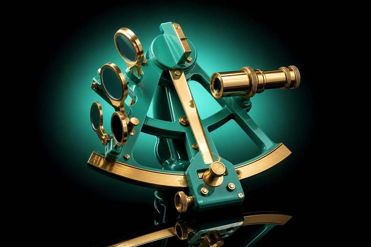 Real vintage marine sextant with a glossy saturated mint-teal lacquered frame, brushed-brass arc and index arm, polished mirror and telescope optics, lit by a soft mint-teal halo glow on pure black — Module 8 Episode 19.