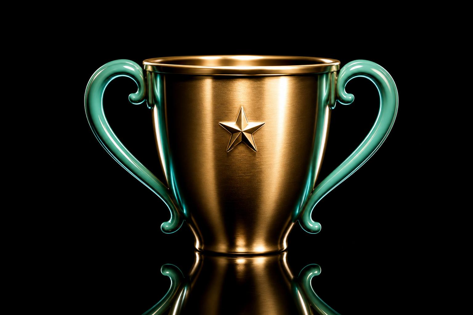 Echter Vintage-Messing-Champion-Pokal mit zwei glänzenden mintfarbenen Lackhenkeln, spiegelpoliertem Pokalkörper und einer kleinen eingravierten Note vorne — Modul 8 Episode 20.