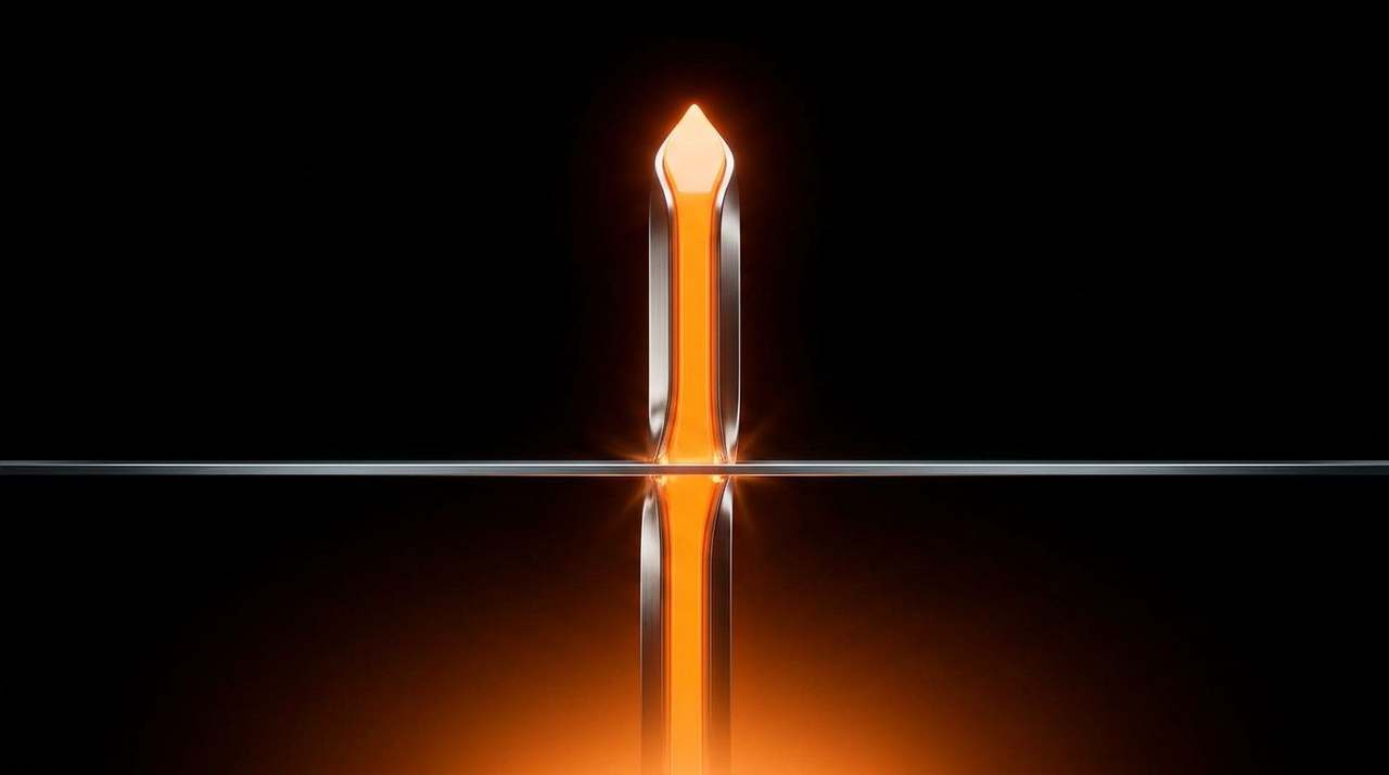 Orange tall arrow above a shorter dashed-line marker.