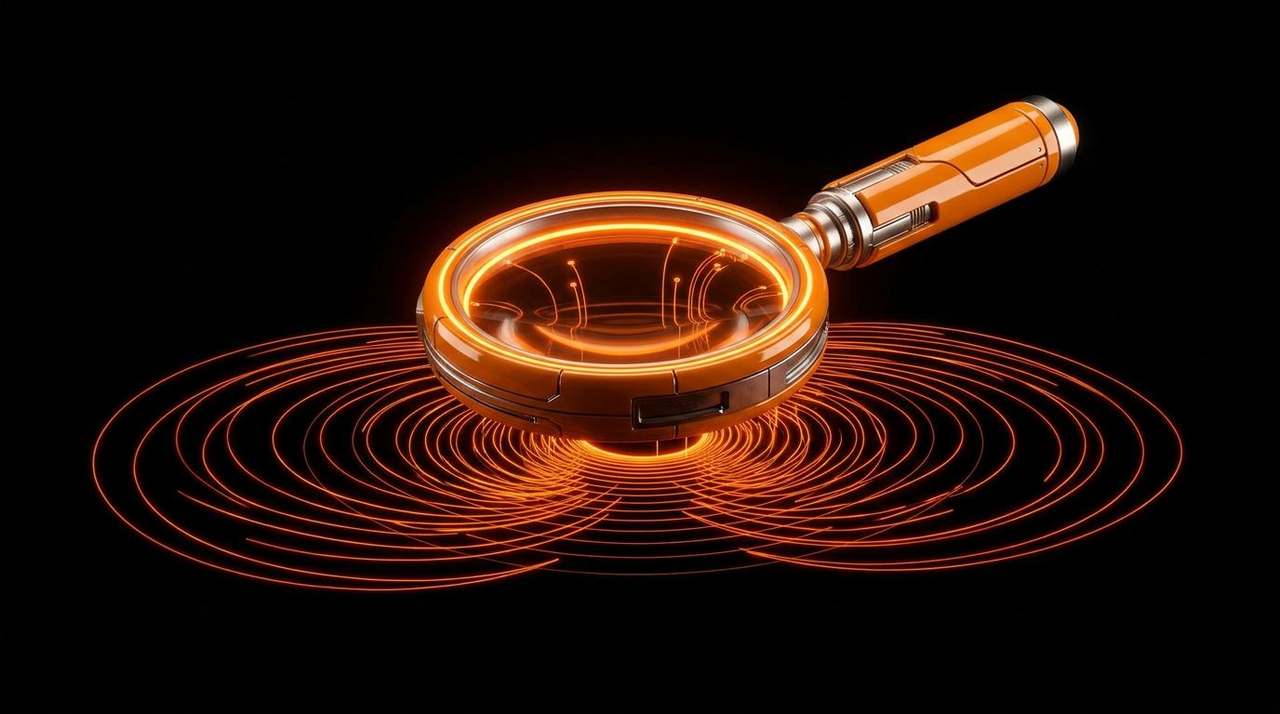 Orange line chart with a magnifying lens over a data point.