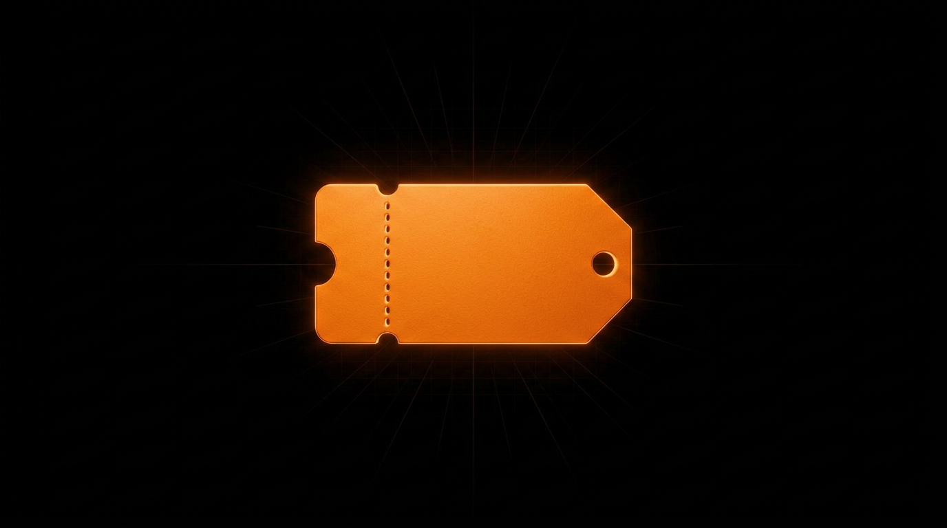 Orange coupon ticket with perforated edges and a small scissors icon — digital coupon metaphor.