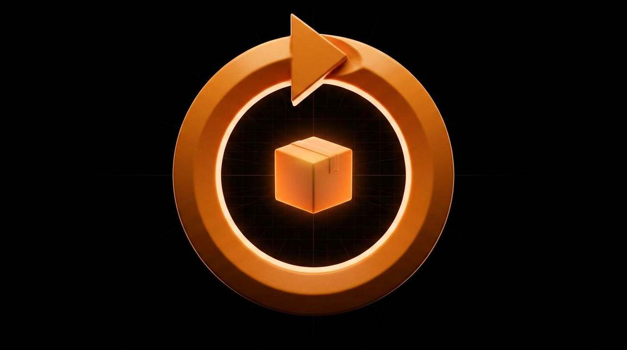 Glowing orange circular arrow loop around a product box — subscribe-and-save recurring delivery metaphor.