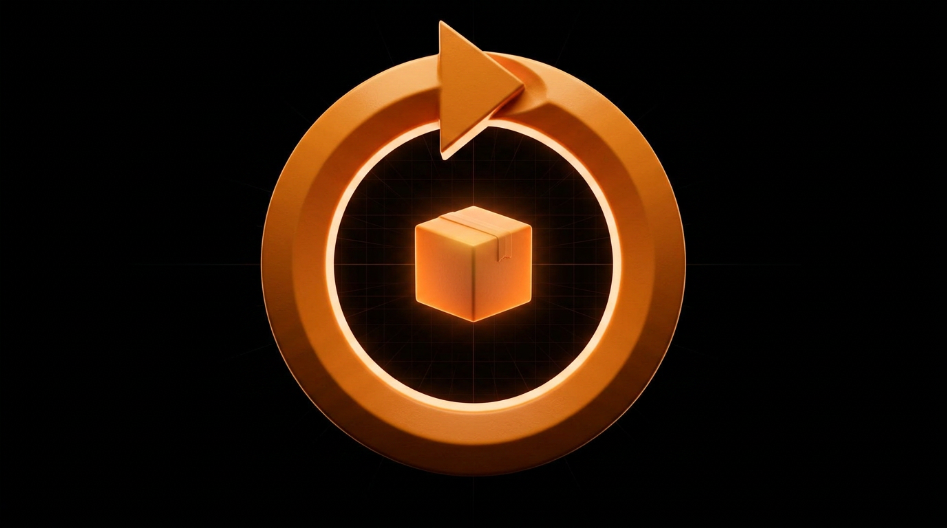 Glowing orange circular arrow loop around a product box — subscribe-and-save recurring delivery metaphor.